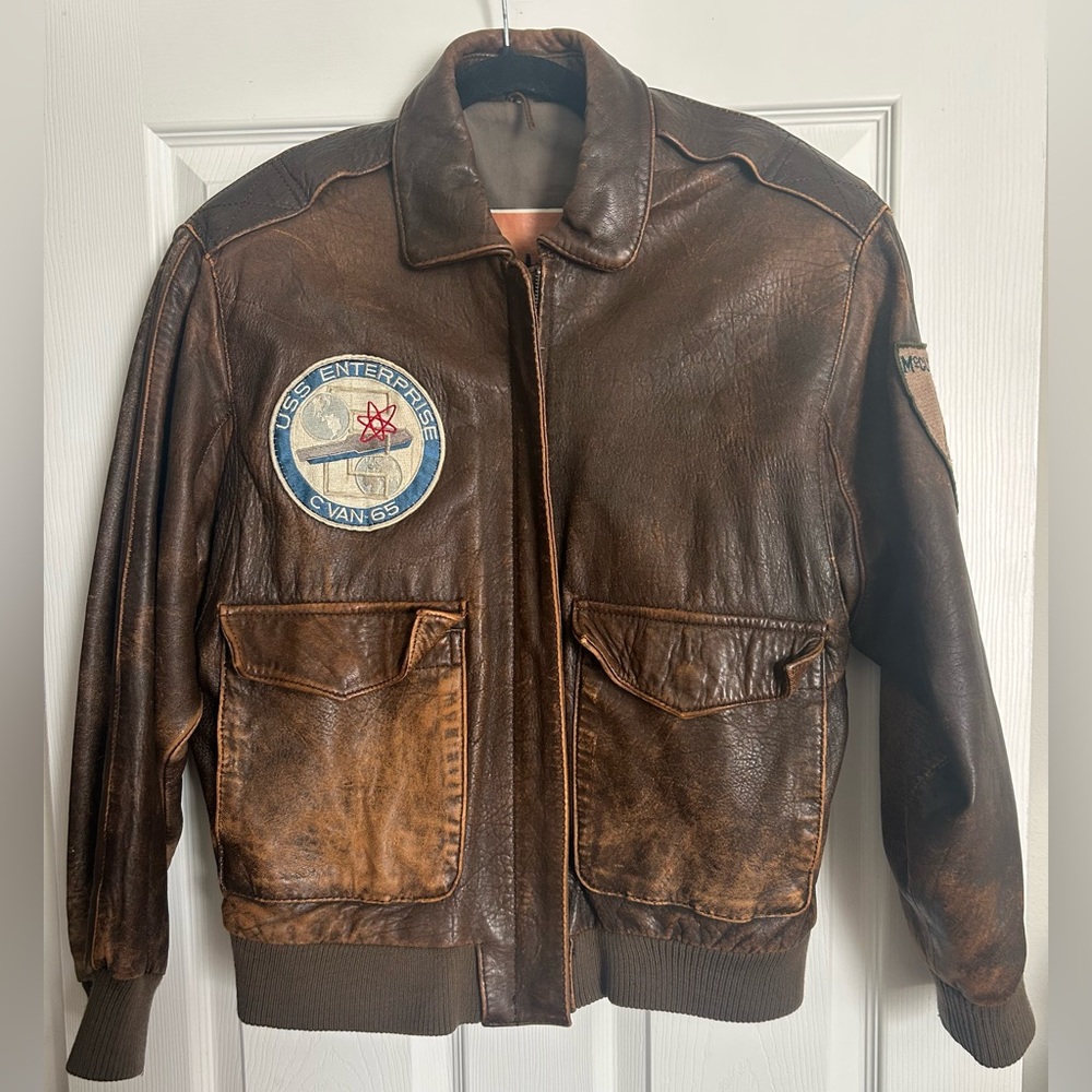 VTG Luis Alvear Aviator Lg Military Bomber Brown Leather Jacket Navy/ Air Force